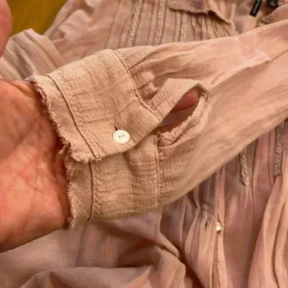 Women's Pink Cotton Gauze Frayed Boho Collared Blouse Large Love Haight - Picture 6 of 13